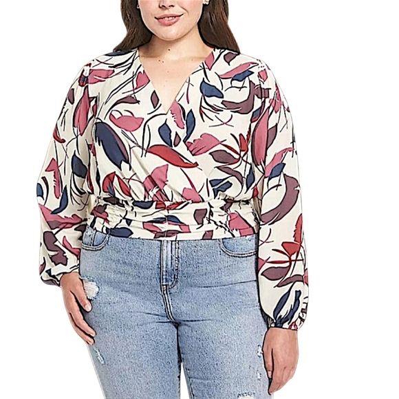 Tops - Lane Bryant Floral Print Semi Wrap Top Size 22 Long Sleeve
